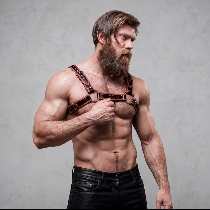 FETISH SUBMISSIVE ATTITUDE - HARNAIS DE POITRINE EN ÉCO-CUIR POUR HOMME NOIR/ROUGE