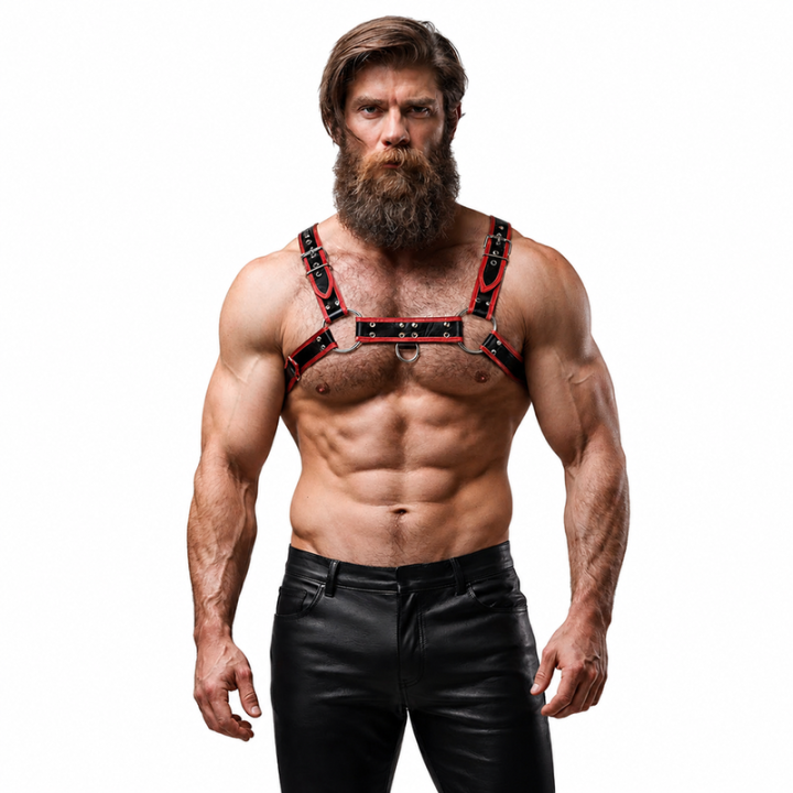 FETISH SUBMISSIVE ATTITUDE - HARNAIS DE POITRINE EN ÉCO-CUIR POUR HOMME NOIR/ROUGE