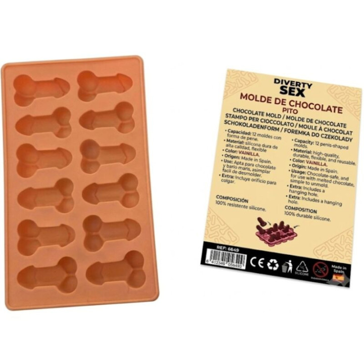DIABLO PICANTE - MOULE À CHOCOLAT AVEC 12 PÉNIS EN SILICONE À SUSPENDRE VANILLE