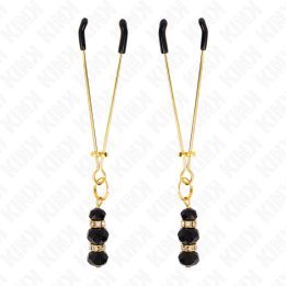 KINK - PINCES À TETON FINES OR AVEC 3 BILLES DE VERRE NOIR 7 CM