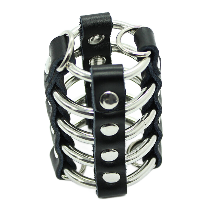 OHMAMA FETISH - CAGE PÉNIS AVEC ANNEAUX MÉTALLIQUES ET SANGLE EN CUIR